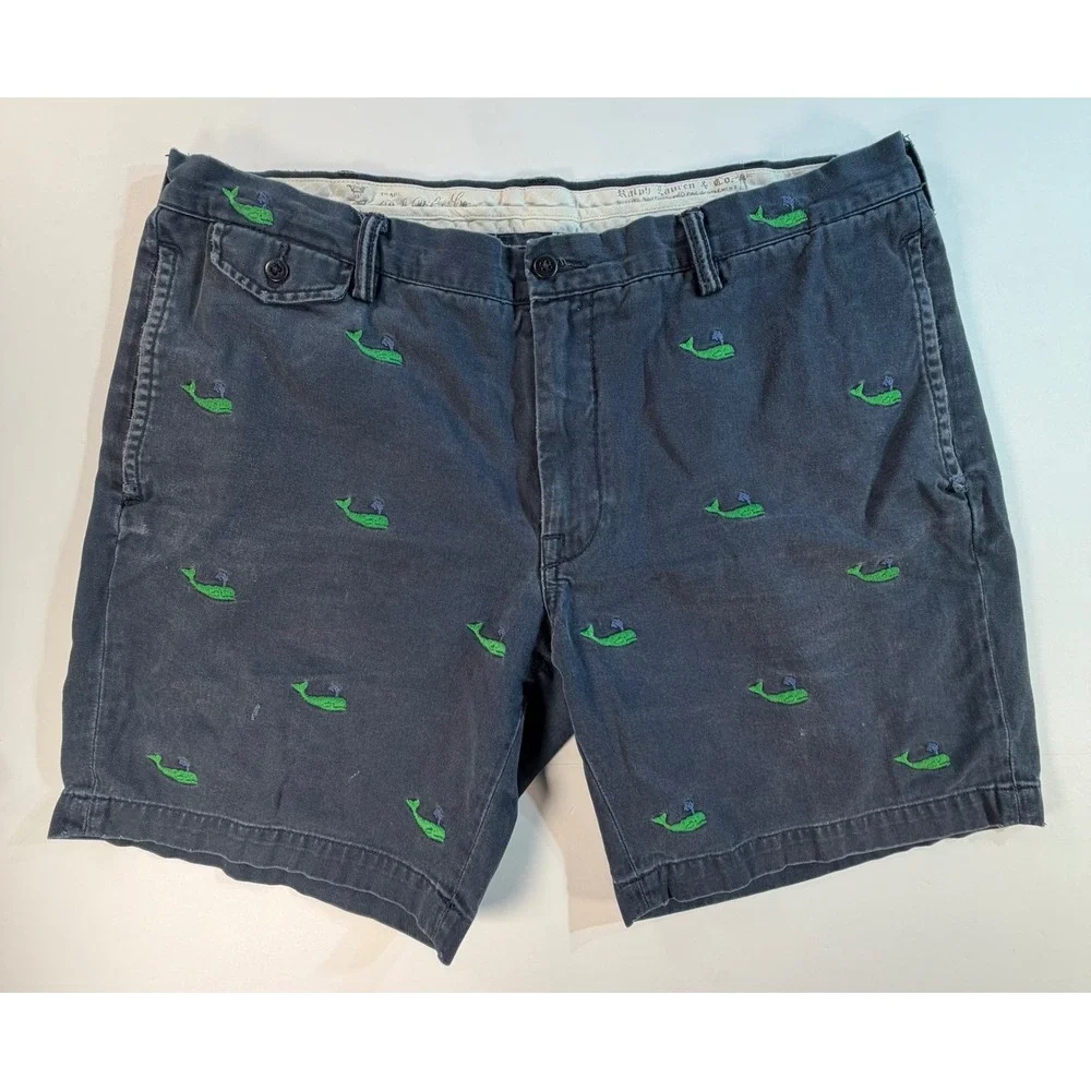Polo Ralph Lauren Mens 38 Navy Blue Green Whale Embroidered Slim GI Fit Shorts
